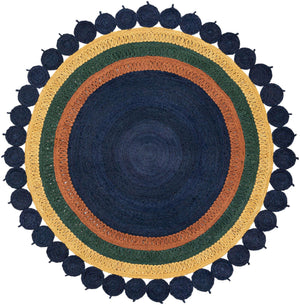 Navy Blue Yellow Green 8' x 8' Braided Jute Round Rug