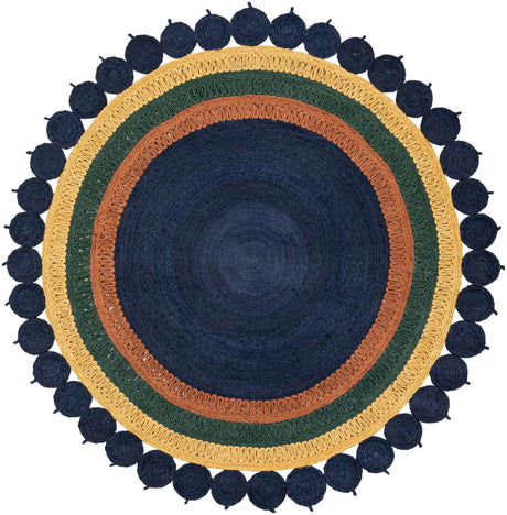 Navy Blue Yellow Green 8' x 8' Braided Jute Round Rug