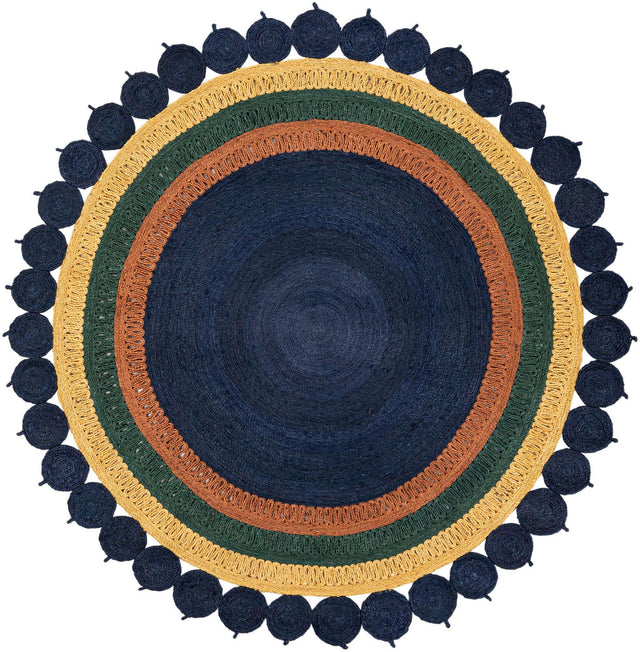 Navy Blue Yellow Green 8' x 8' Braided Jute Round Rug
