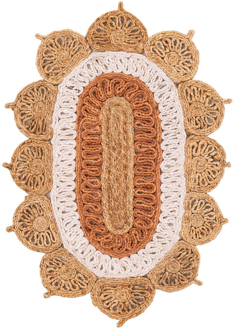 Natural White Orange Pink 2' x 3' 1 Braided Jute Oval Rug