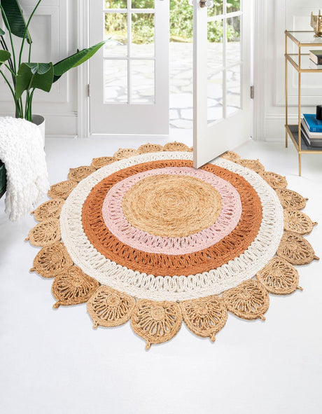 Natural White Orange Pink 3' 1 x 3' 1 Braided Jute Round Rug