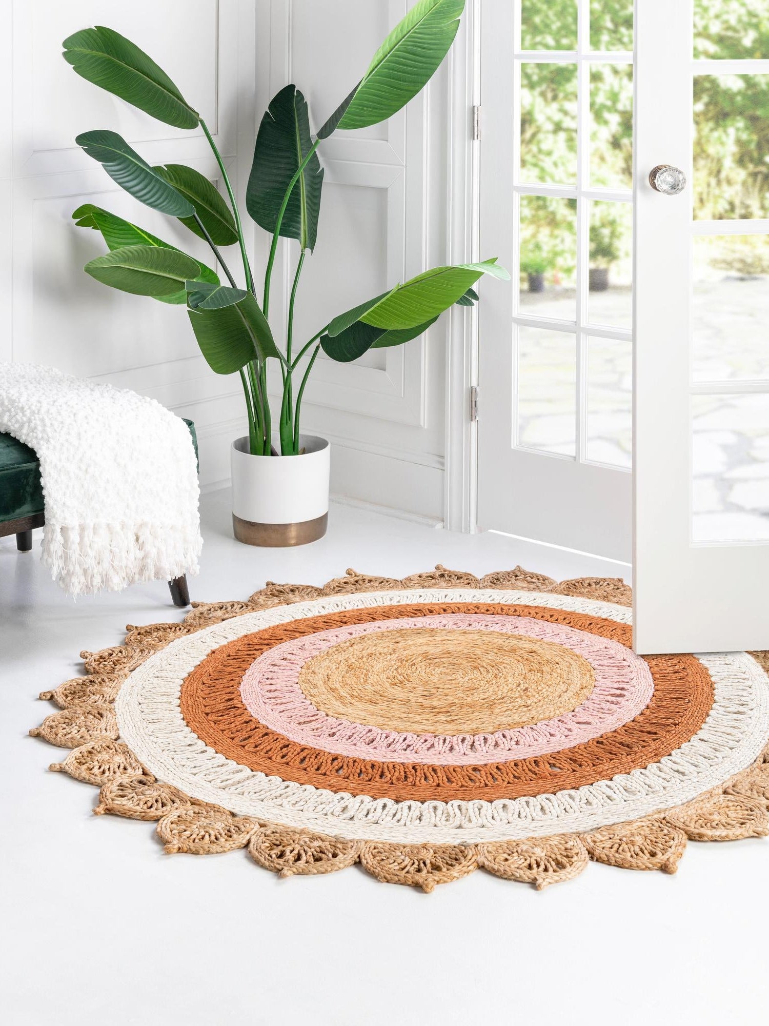Natural White Orange Pink 6' 1 x 6' 1 Braided Jute Round Area Rug 100% Jute Hand Braided Natural Eco-Friendly Boho Style Carpet for Living Rooms Dining Office Space Dorms for Sale at Rug Engine
