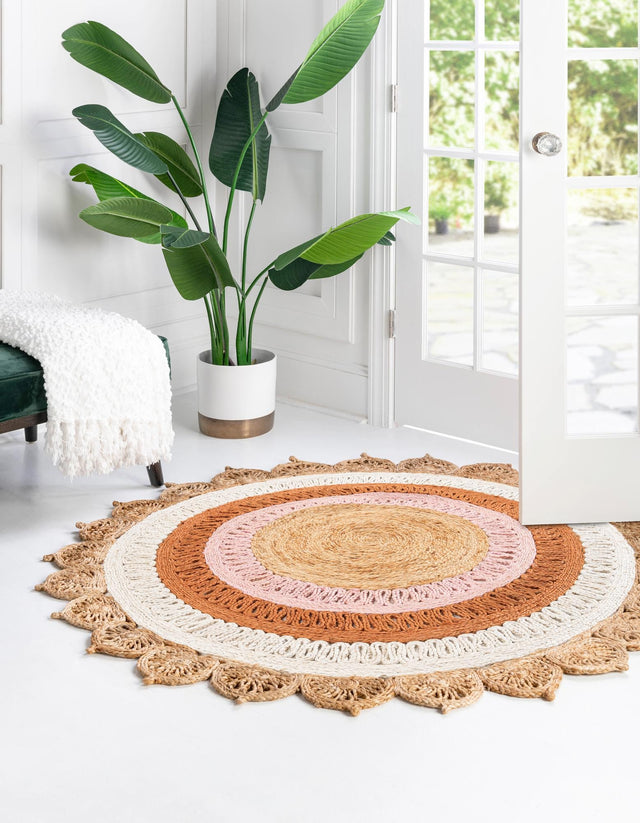 Natural White Orange Pink 3' 1 x 3' 1 Braided Jute Round Rug
