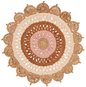 Natural White Orange Pink 3' 1 x 3' 1 Braided Jute Round Rug
