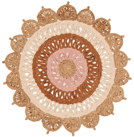 Natural White Orange Pink 3' 1 x 3' 1 Braided Jute Round Rug