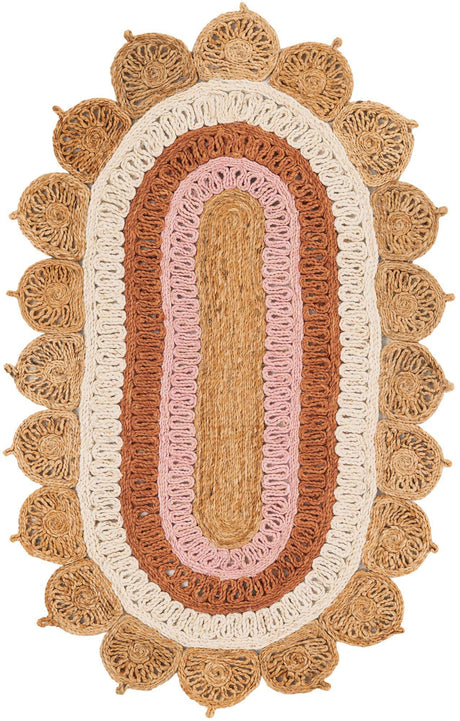 Natural White Orange Pink 3' 1 x 5' 1 Braided Jute Oval Rug