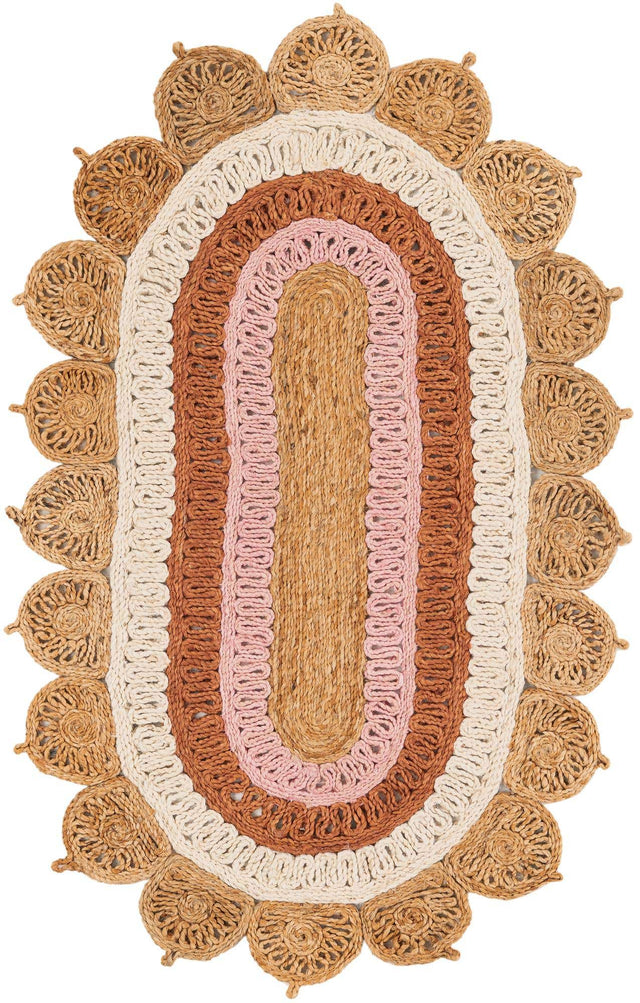 Natural White Orange Pink 3' 1 x 5' 1 Braided Jute Oval Rug