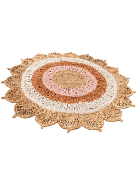 Natural White Orange Pink 4' 1 x 4' 1 Braided Jute Round Rug