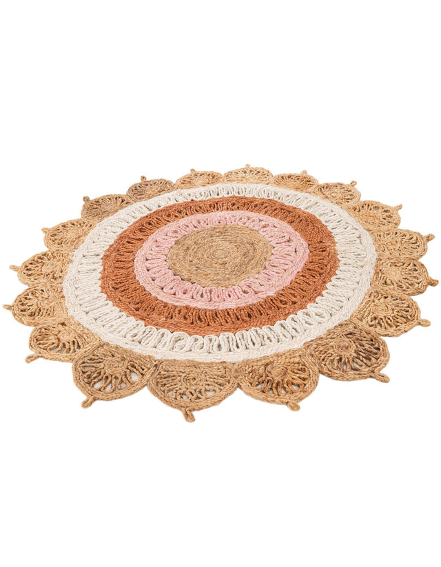 Natural White Orange Pink 4' 1 x 4' 1 Braided Jute Round Rug
