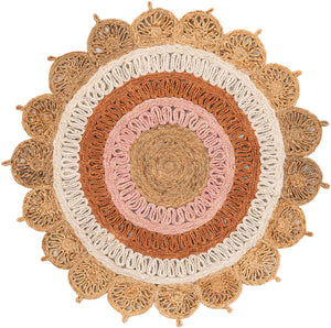 Natural White Orange Pink 4' 1 x 4' 1 Braided Jute Round Rug