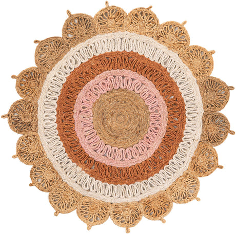Natural White Orange Pink 4' 1 x 4' 1 Braided Jute Round Rug