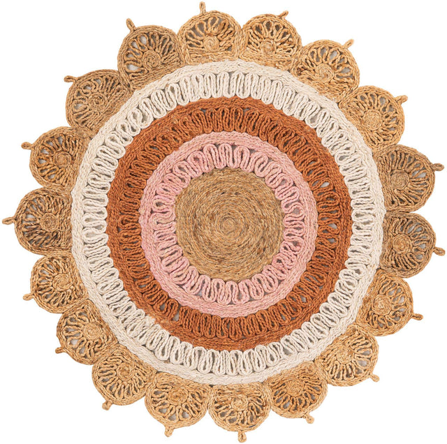 Natural White Orange Pink 4' 1 x 4' 1 Braided Jute Round Rug