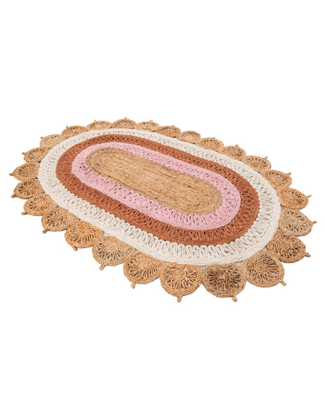 Natural White Orange Pink 4' 1 x 6' 1 Braided Jute Oval Rug