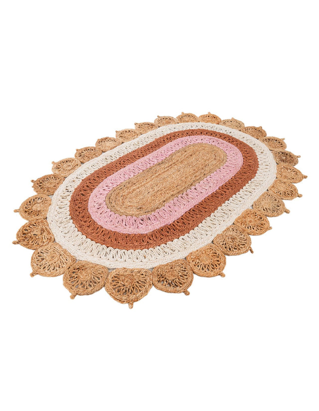 Natural White Orange Pink 4' 1 x 6' 1 Braided Jute Oval Rug
