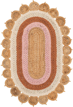 Natural White Orange Pink 4' 1 x 6' 1 Braided Jute Oval Rug