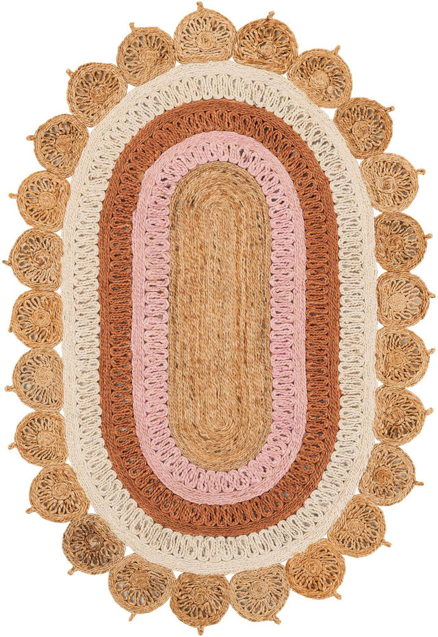 Natural White Orange Pink 4' 1 x 6' 1 Braided Jute Oval Rug