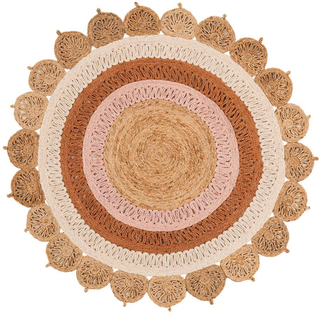 Natural White Orange Pink 5' 1 x 5' 1 Braided Jute Round Rug