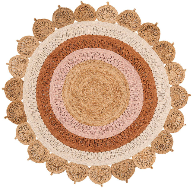 Natural White Orange Pink 5' 1 x 5' 1 Braided Jute Round Rug