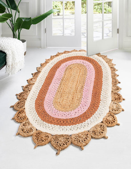 Natural White Orange Pink 2' x 3' 1 Braided Jute Oval Rug