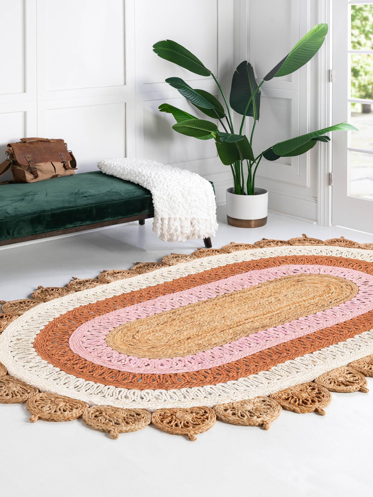 Natural White Orange Pink 5' 1 x 8' Braided Jute Oval Area Rug 100% Jute Hand Braided Natural Eco-Friendly Boho Style Carpet for Living Rooms Dining Office Space Dorms for Sale at Rug Engine