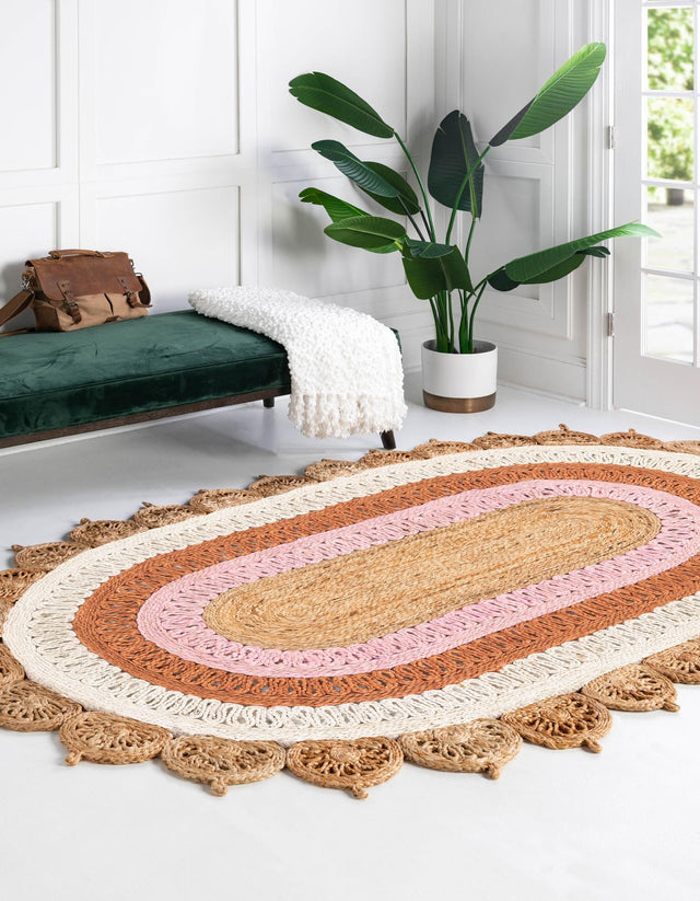 Natural White Orange Pink 2' x 3' 1 Braided Jute Oval Rug