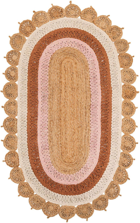 Natural White Orange Pink 5' 1 x 8' Braided Jute Oval Rug