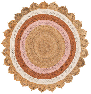 Natural White Orange Pink 6' 1 x 6' 1 Braided Jute Round Rug