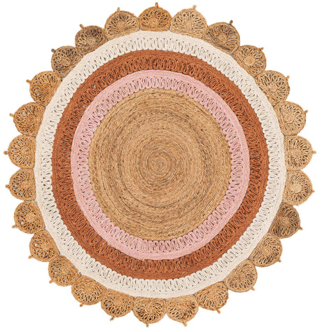 Natural White Orange Pink 6' 1 x 6' 1 Braided Jute Round Rug