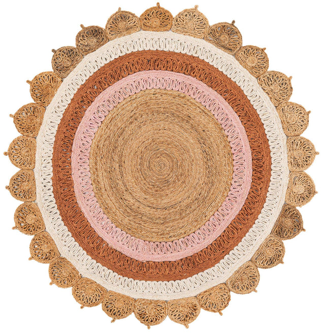 Natural White Orange Pink 6' 1 x 6' 1 Braided Jute Round Rug