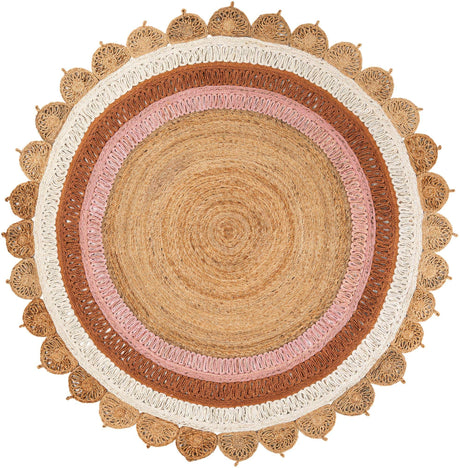Natural White Orange Pink 8' x 8' Braided Jute Round Rug