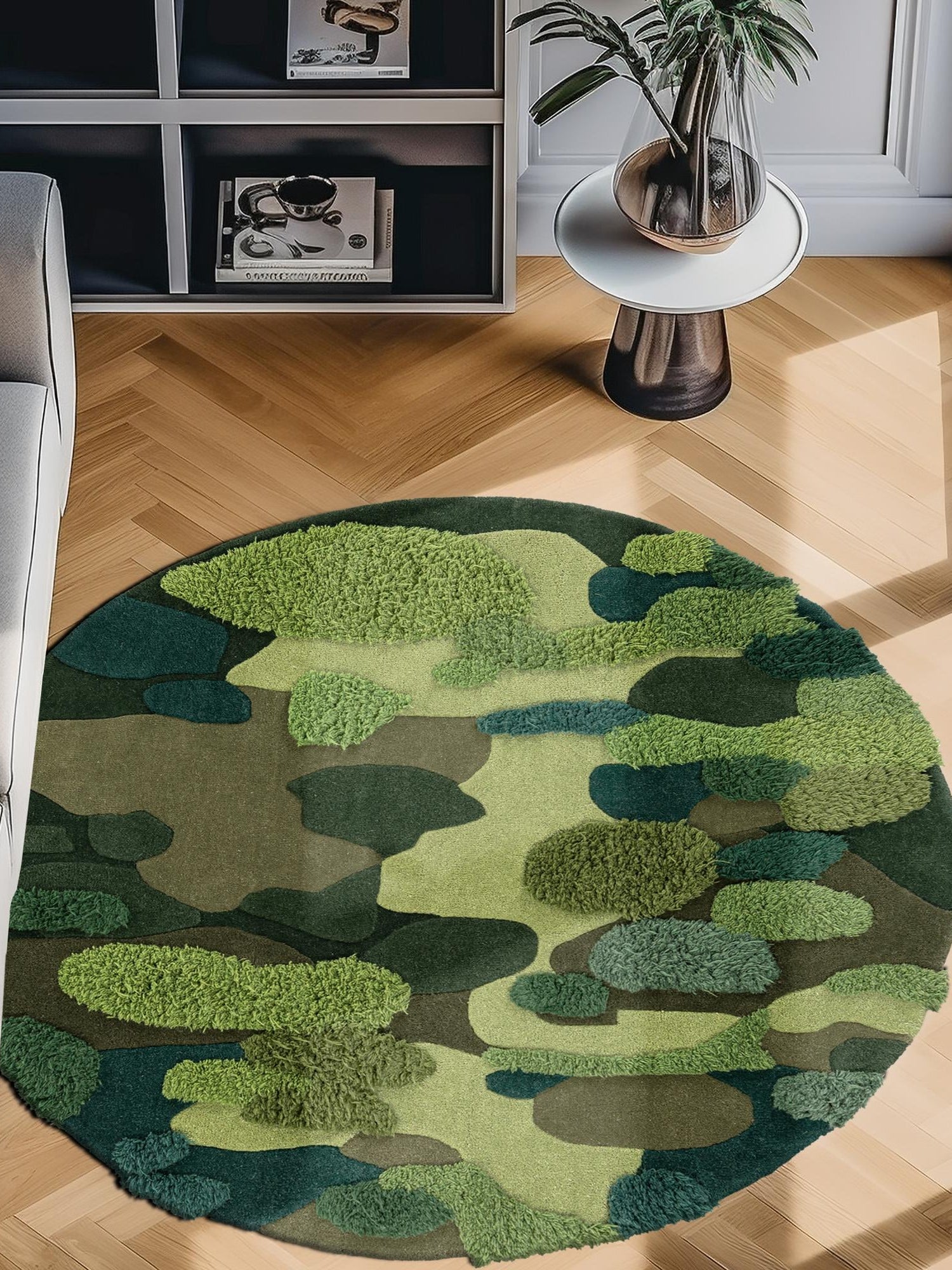 Green 5' 1 x 5' 1 Moss Garden Round Area Rug 80% Wool & 20% Cotton Nature Inspired All Natural Carpet for Home Interior Design for Sale at Rug Engine
