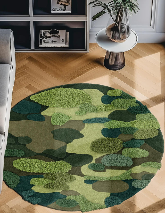Green 3' 1 x 3' 1 Moss Garden Round Area Rug 80% Wool & 20% Cotton Nature Inspired All Natural Carpet for Home Interior Design for Sale at Rug Engine