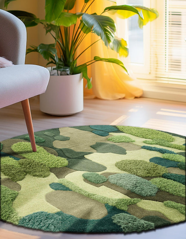 Green 7' 1 x 7' 1 Moss Garden Round Area Rug 80% Wool & 20% Cotton Nature Inspired All Natural Carpet for Home Interior Design for Sale at Rug Engine
