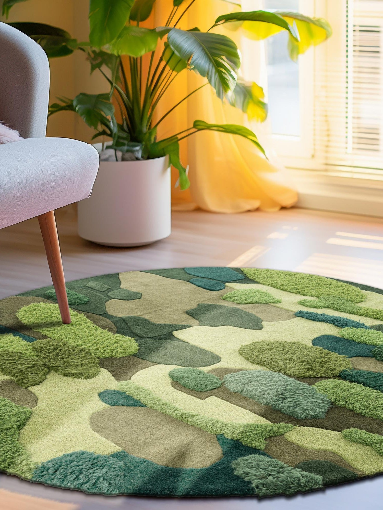 Green 5' 1 x 5' 1 Moss Garden Round Area Rug 80% Wool & 20% Cotton Nature Inspired All Natural Carpet for Home Interior Design for Sale at Rug Engine