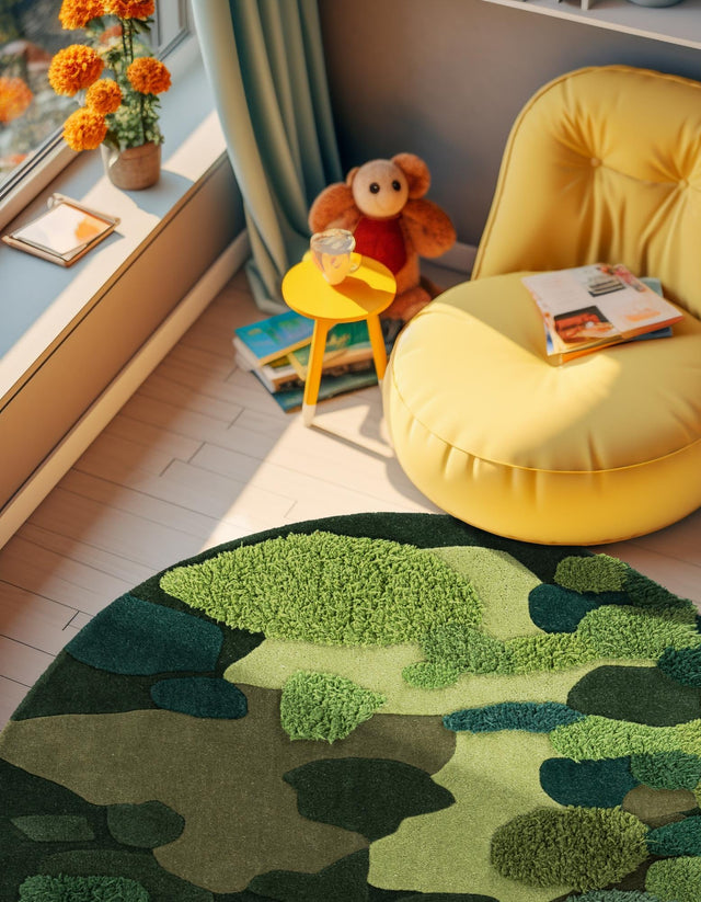 Green 3' 1 x 3' 1 Moss Garden Round Area Rug 80% Wool & 20% Cotton Nature Inspired All Natural Carpet for Home Interior Design for Sale at Rug Engine