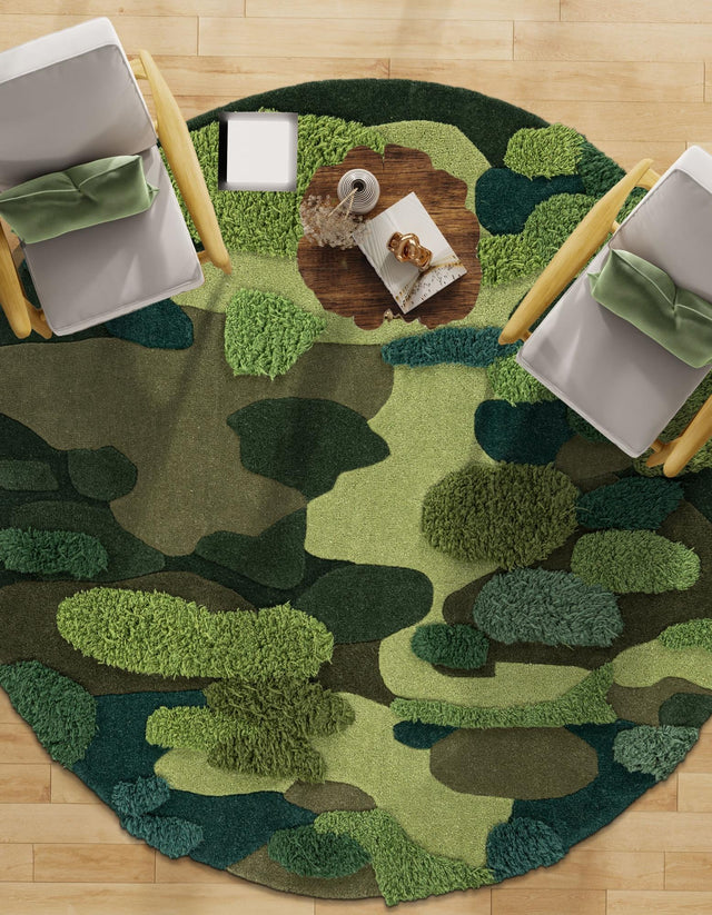 Green 5' 1 x 5' 1 Moss Garden Round Area Rug 80% Wool & 20% Cotton Nature Inspired All Natural Carpet for Home Interior Design for Sale at Rug Engine