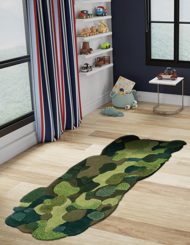 Green 2' x 6' 1 Moss Garden Freeform Area Rug 80% Wool & 20% Cotton Nature Inspired All Natural Carpet for Home Interior Design for Sale at Rug Engine