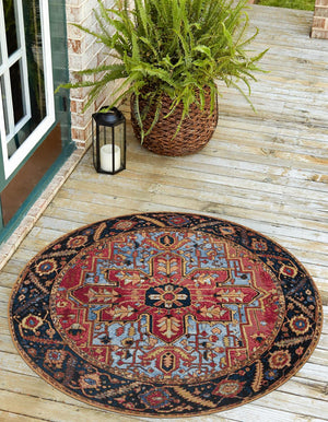 Rust Red and Blue 7' 10 x 7' 10 Outdoor Traditional Round Area Rug Weather Resistant for Patio, Deck, Terrace, Balcony, Porch Classical Design Outside Carpet for Sale at Rug Engine