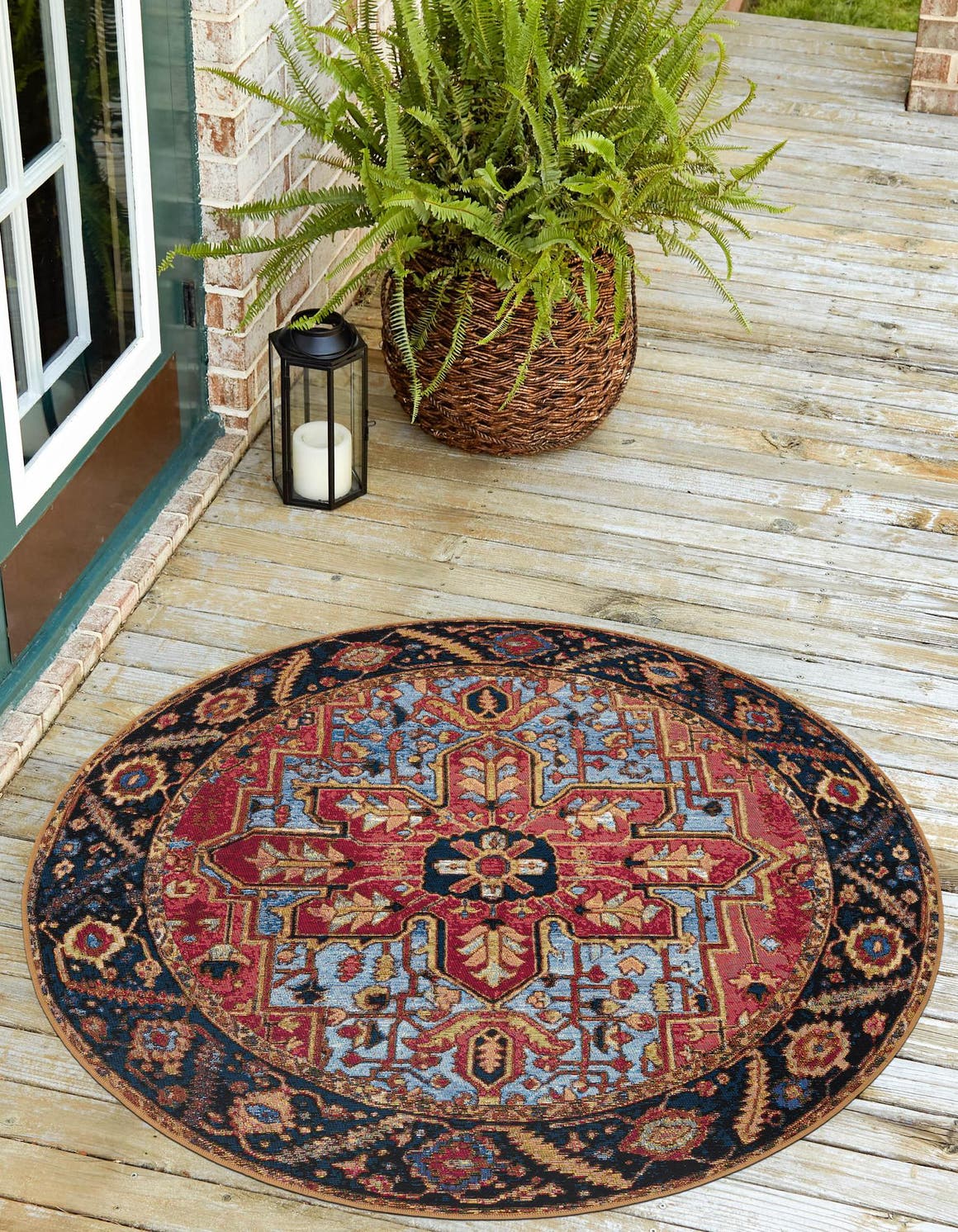 Rust Red and Blue 5' 1 x 5' 1 Outdoor Traditional Round Area Rug Weather Resistant for Patio, Deck, Terrace, Balcony, Porch Classical Design Outside Carpet for Sale at Rug Engine