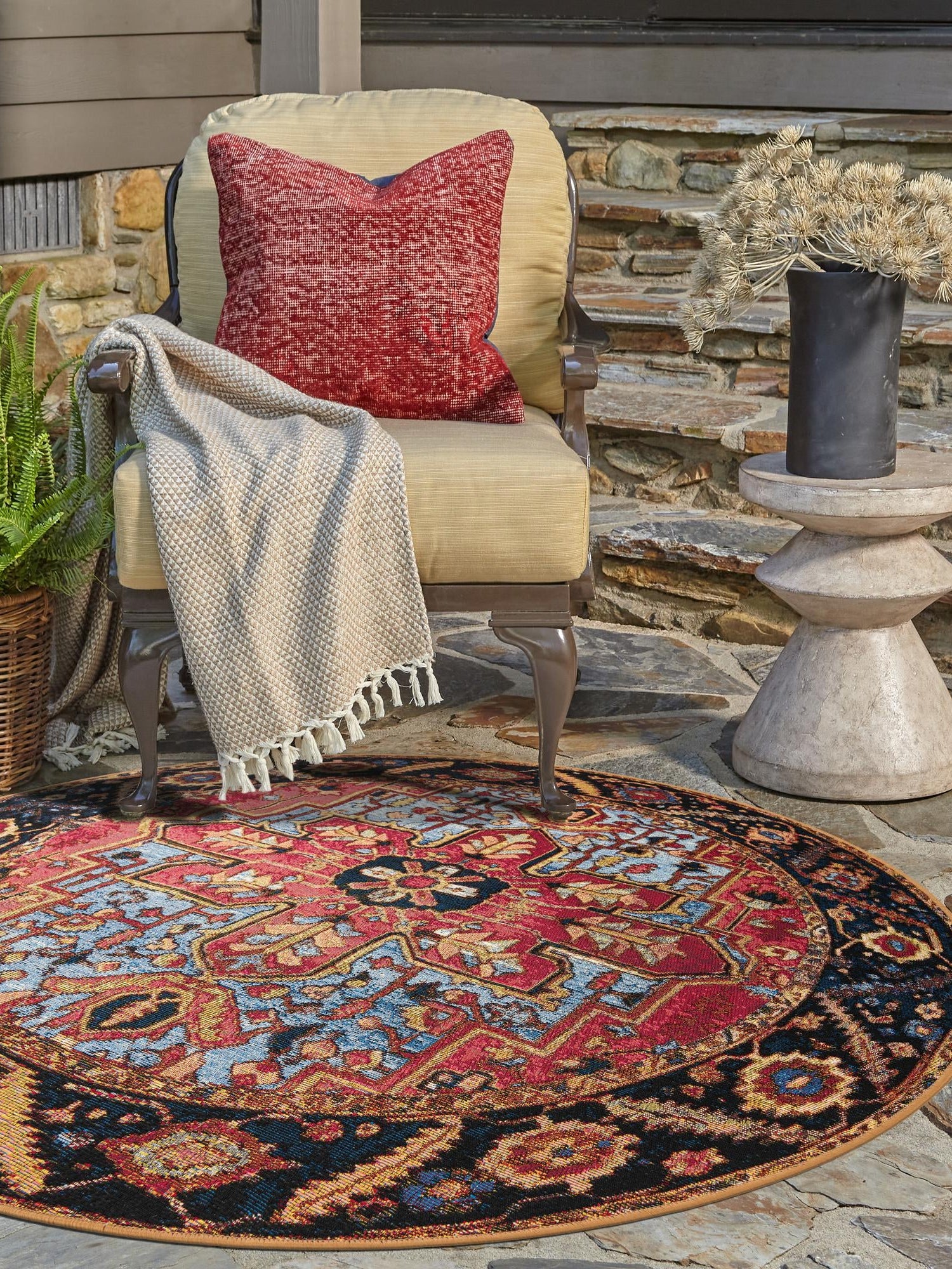 Rust Red and Blue 4' 1 x 4' 1 Outdoor Traditional Round Area Rug Weather Resistant for Patio, Deck, Terrace, Balcony, Porch Classical Design Outside Carpet for Sale at Rug Engine