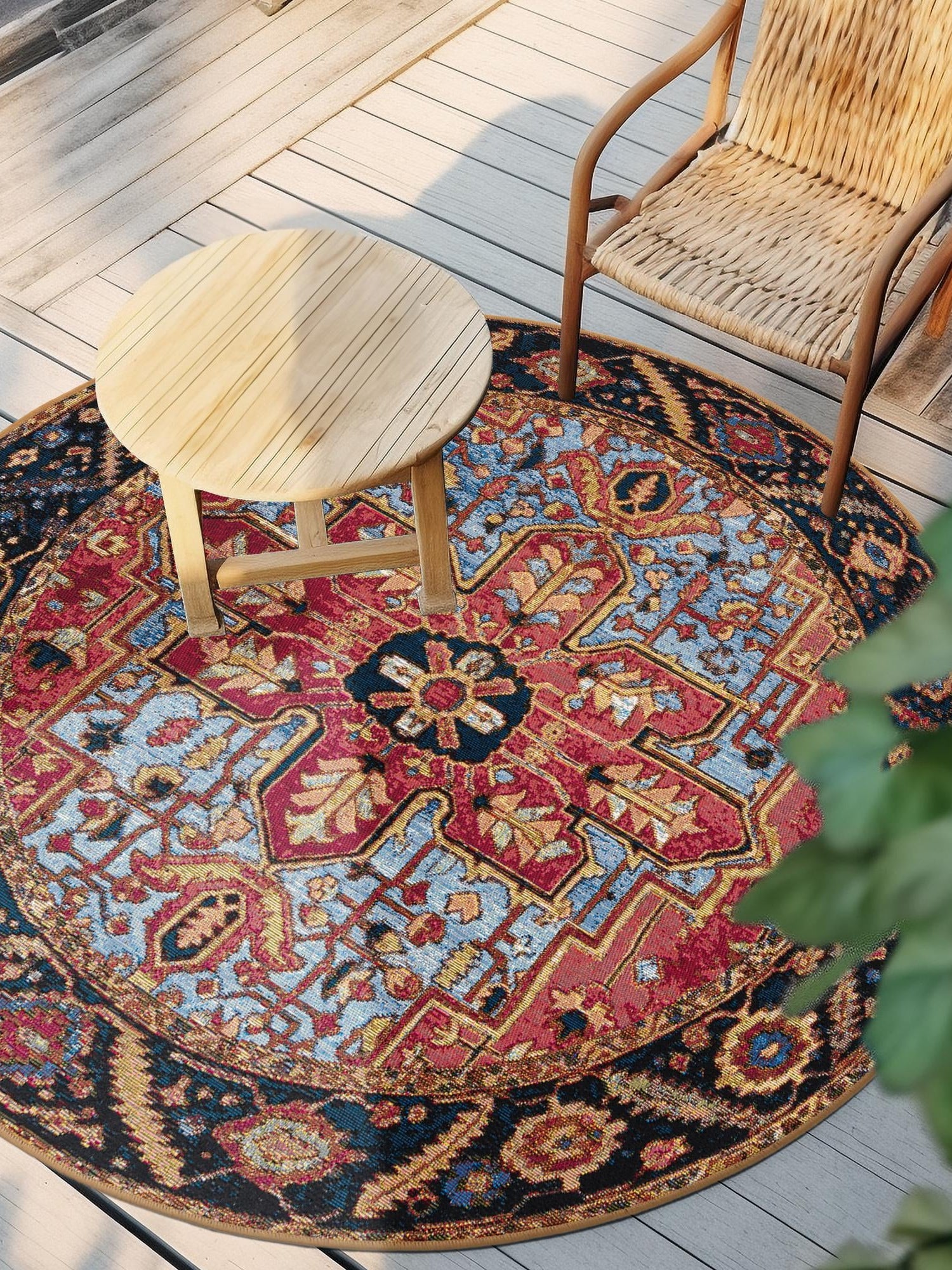 Rust Red and Blue 4' 1 x 4' 1 Outdoor Traditional Round Area Rug Weather Resistant for Patio, Deck, Terrace, Balcony, Porch Classical Design Outside Carpet for Sale at Rug Engine