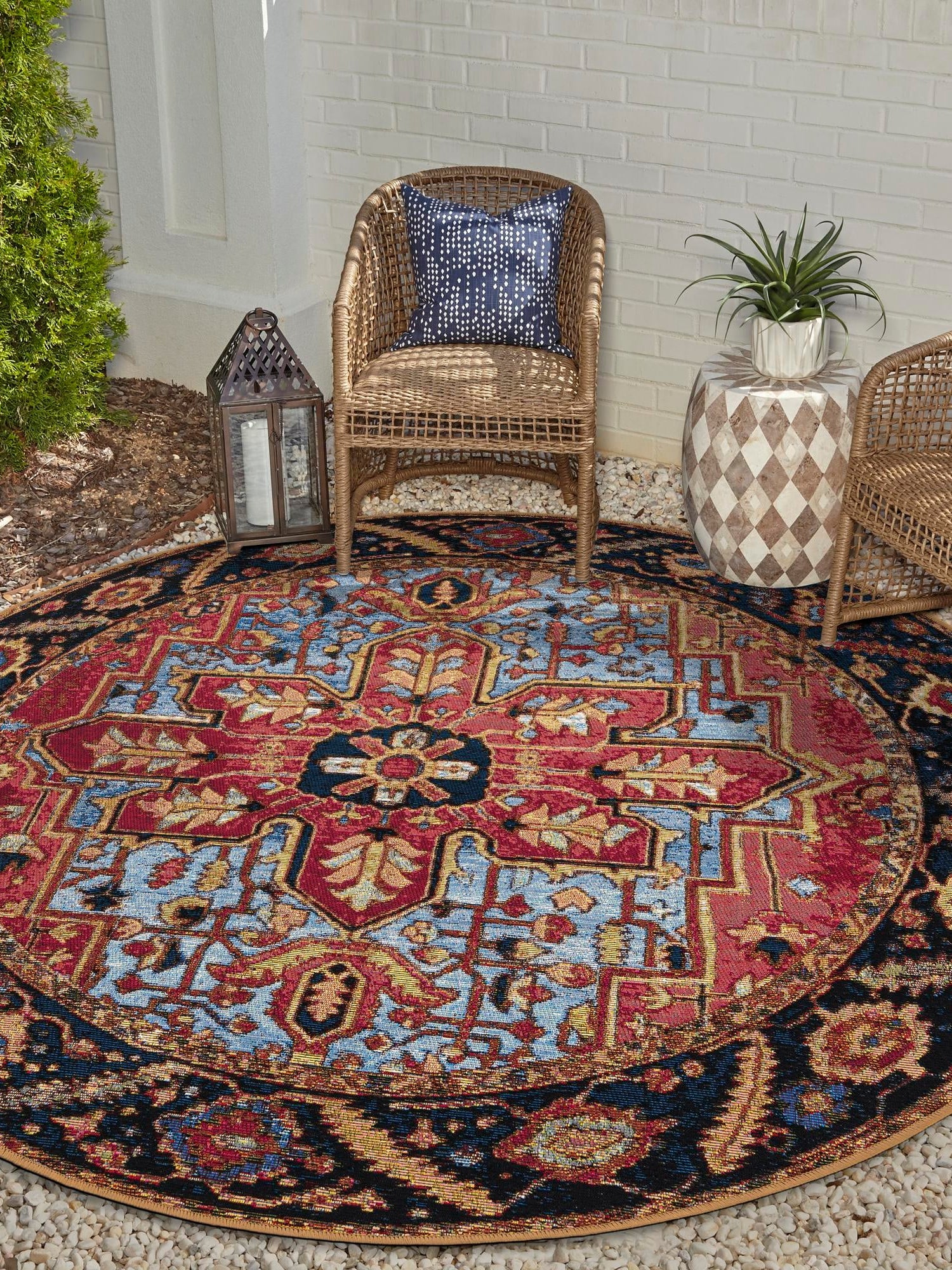 Rust Red and Blue 4' 1 x 4' 1 Outdoor Traditional Round Area Rug Weather Resistant for Patio, Deck, Terrace, Balcony, Porch Classical Design Outside Carpet for Sale at Rug Engine