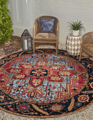 Rust Red and Blue 10' x 10' Outdoor Traditional Round Area Rug Weather Resistant for Patio, Deck, Terrace, Balcony, Porch Classical Design Outside Carpet for Sale at Rug Engine