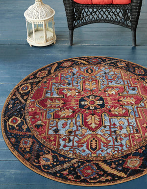 Rust Red and Blue 7' 10 x 7' 10 Outdoor Traditional Round Area Rug Weather Resistant for Patio, Deck, Terrace, Balcony, Porch Classical Design Outside Carpet for Sale at Rug Engine