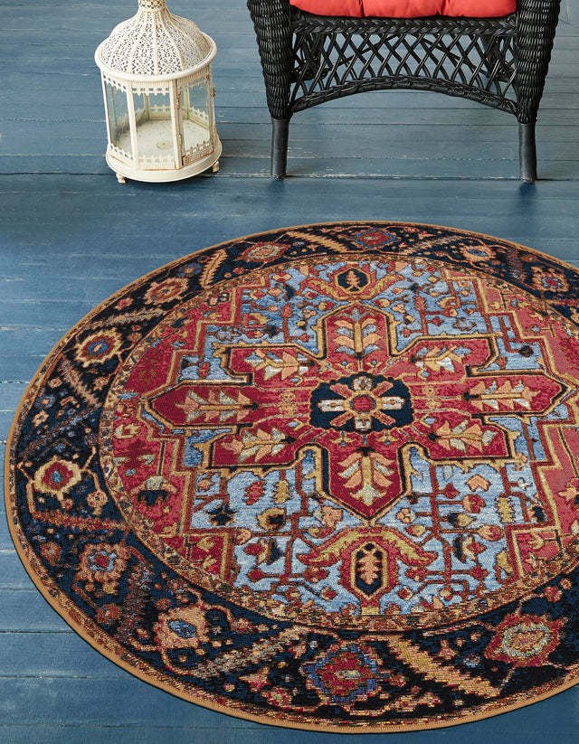 Rust Red and Blue 7' 10 x 7' 10 Outdoor Traditional Round Area Rug Weather Resistant for Patio, Deck, Terrace, Balcony, Porch Classical Design Outside Carpet for Sale at Rug Engine