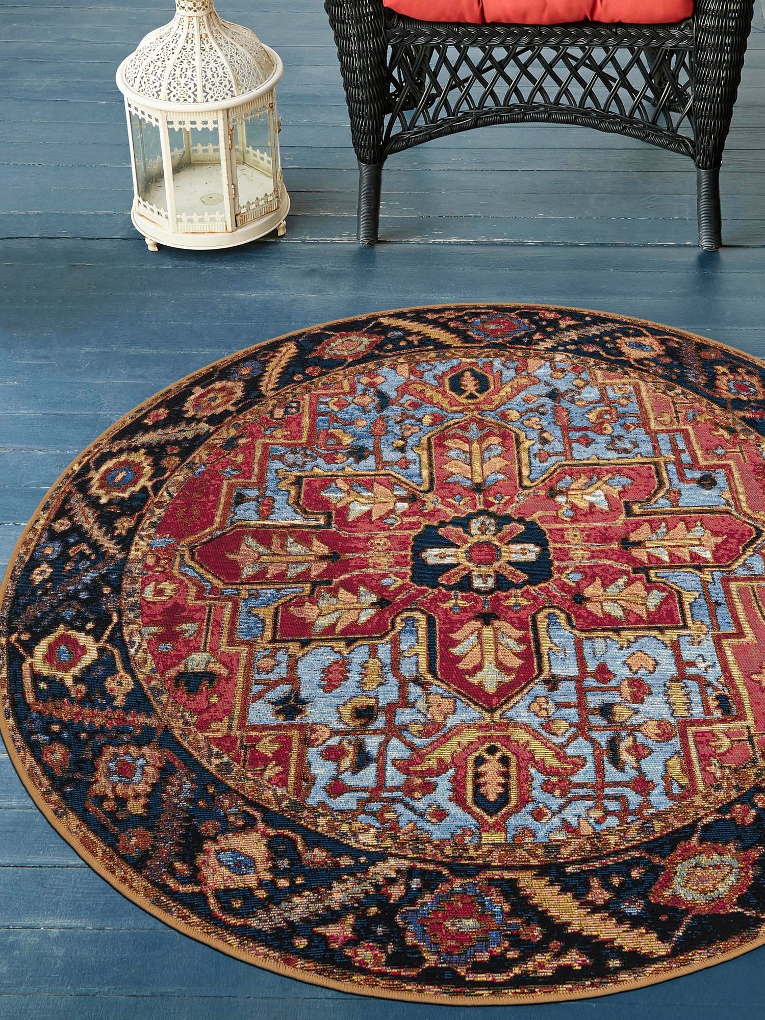 Rust Red and Blue 4' 1 x 4' 1 Outdoor Traditional Round Area Rug Weather Resistant for Patio, Deck, Terrace, Balcony, Porch Classical Design Outside Carpet for Sale at Rug Engine