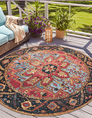 Rust Red and Blue 4' 1 x 4' 1 Outdoor Traditional Round Area Rug Weather Resistant for Patio, Deck, Terrace, Balcony, Porch Classical Design Outside Carpet for Sale at Rug Engine