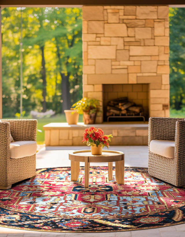 Rust Red and Blue 7' 10 x 7' 10 Outdoor Traditional Round Area Rug Weather Resistant for Patio, Deck, Terrace, Balcony, Porch Classical Design Outside Carpet for Sale at Rug Engine
