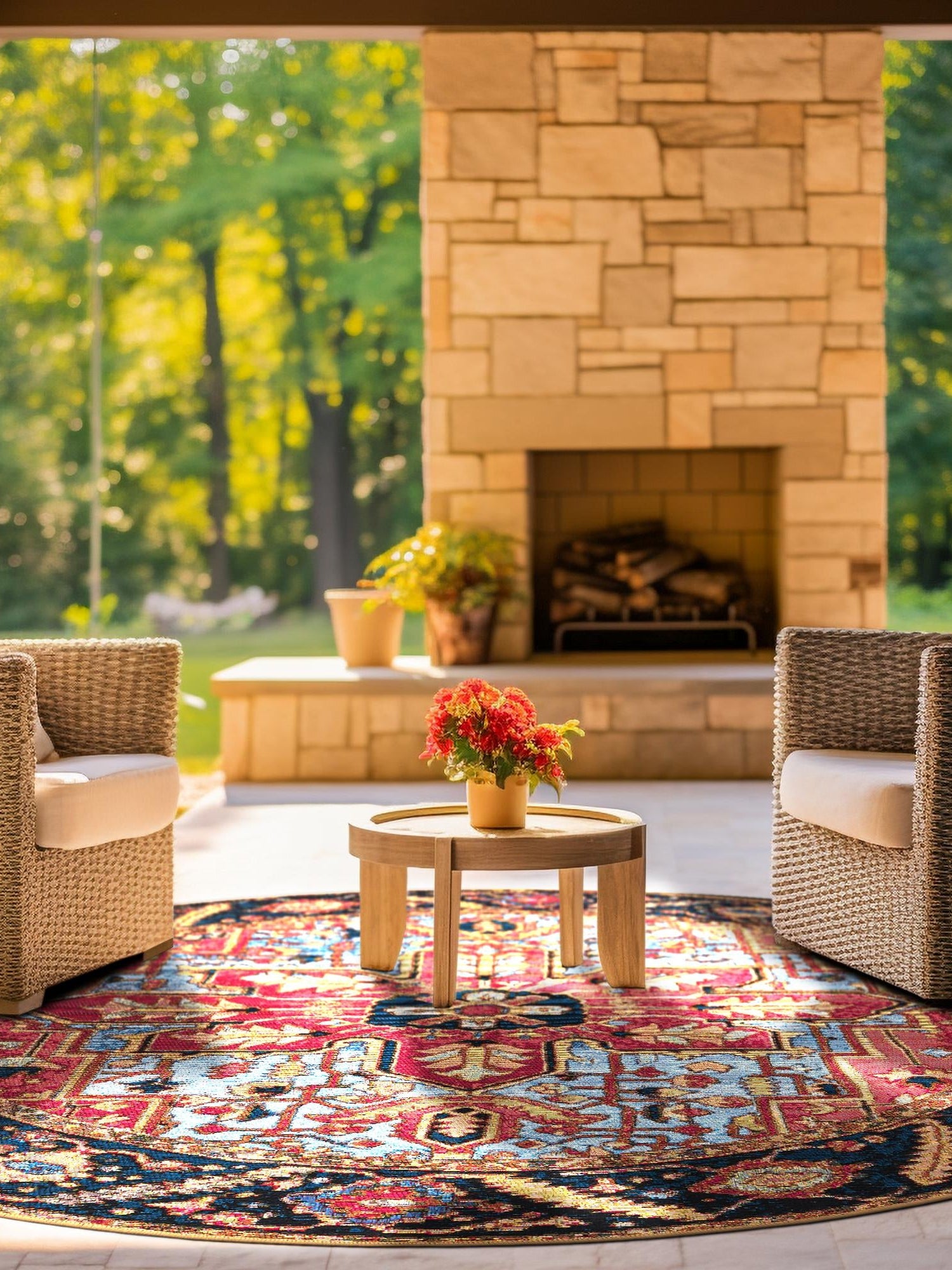 Rust Red and Blue 5' 1 x 5' 1 Outdoor Traditional Round Area Rug Weather Resistant for Patio, Deck, Terrace, Balcony, Porch Classical Design Outside Carpet for Sale at Rug Engine