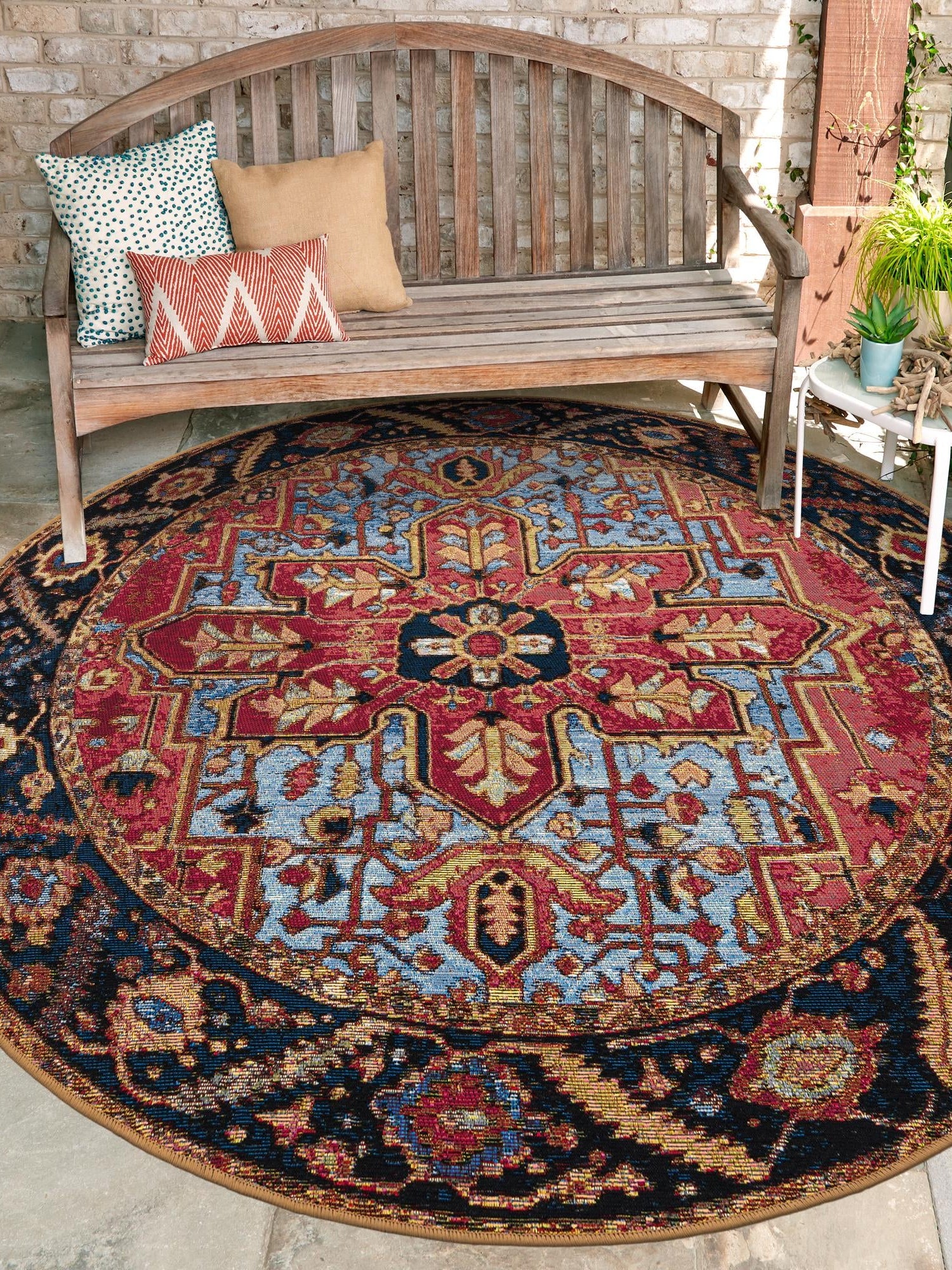 Rust Red and Blue 10' x 10' Outdoor Traditional Round Area Rug Weather Resistant for Patio, Deck, Terrace, Balcony, Porch Classical Design Outside Carpet for Sale at Rug Engine